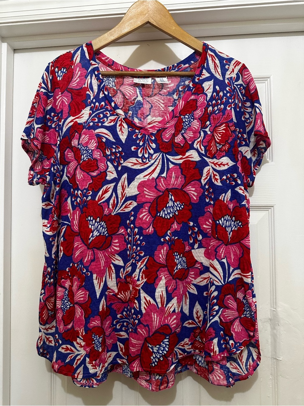 Sigrid Olsen Bold Floral V-Neck Top in Blue and Pink